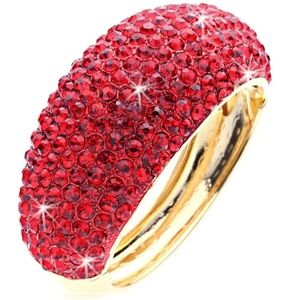 RUBY RED Pave Set Crystal Cz BLING statement piece Domed Bangle Bracelet Gold